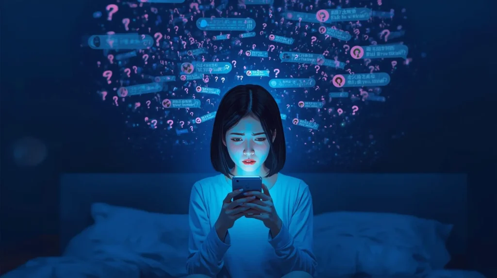 Young woman sitting on her bed at night staring anxiously at her phone, with glowing question marks and chaotic message bubbles floating above her head, symbolizing overthinking and the slang meaning of “tweaking” in text conversations.