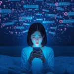 Young woman sitting on her bed at night staring anxiously at her phone, with glowing question marks and chaotic message bubbles floating above her head, symbolizing overthinking and the slang meaning of “tweaking” in text conversations.