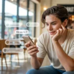 Young woman sitting in a café looking at her phone with a message saying “I’d say 6–7,” illustrating what does 6-7 mean in slang and how it’s used in text conversations.
