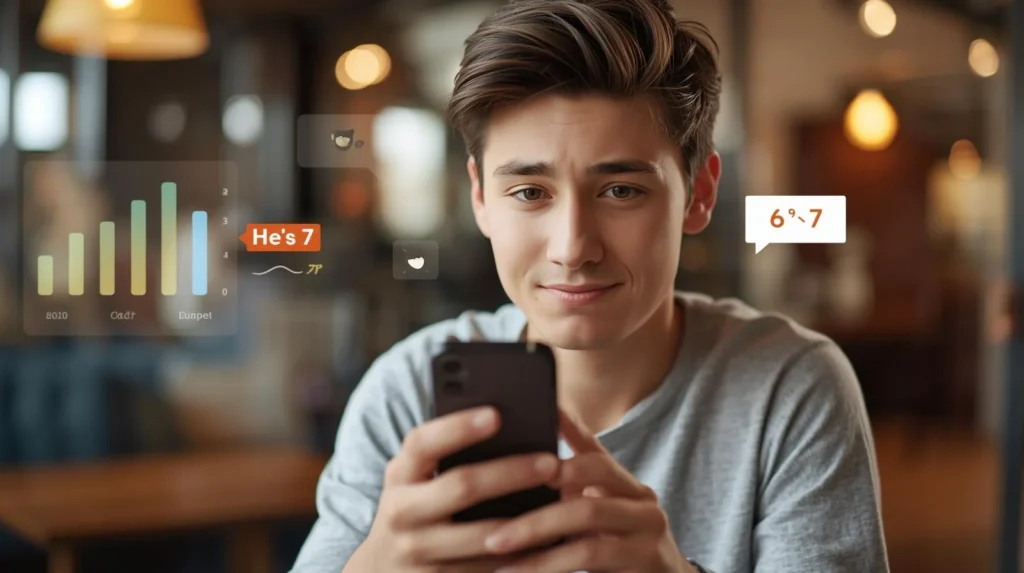 Young man checking his smartphone with a curious expression as chat bubbles show “6 7,” visually representing what does 6 7 mean slang in modern social media conversation.