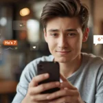 Young man checking his smartphone with a curious expression as chat bubbles show “6 7,” visually representing what does 6 7 mean slang in modern social media conversation.