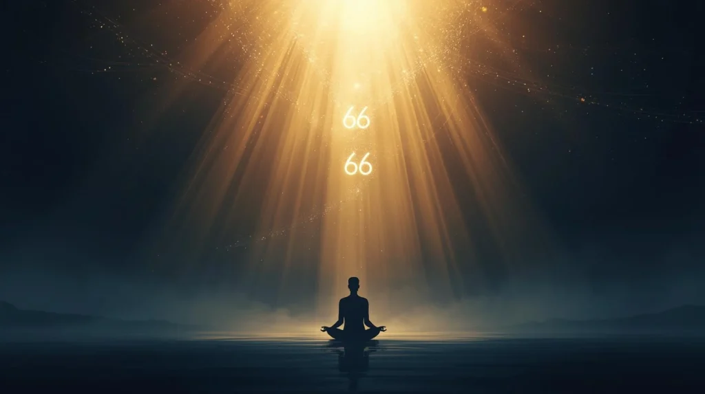 A peaceful silhouette of a person meditating on calm water beneath golden rays of light, with the number 666 glowing above, symbolizing spiritual reflection and inner balance.