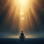 A peaceful silhouette of a person meditating on calm water beneath golden rays of light, with the number 666 glowing above, symbolizing spiritual reflection and inner balance.
