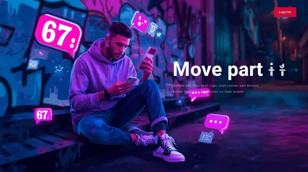 Young man in streetwear sitting in a neon-lit urban setting, looking at his phone with glowing “67” chat bubbles around him, representing What Does 67 Mean in Slang and modern digital communication culture.