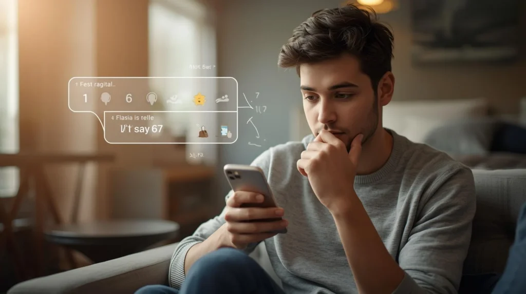 Young man sitting on a couch looking thoughtfully at his smartphone, with a chat overlay on the screen reading “I’d say 67” and a faint 1–10 rating scale in the background, representing the slang meaning of 67 as a casual rating between six and seven.