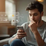 Young man sitting on a couch looking thoughtfully at his smartphone, with a chat overlay on the screen reading “I’d say 67” and a faint 1–10 rating scale in the background, representing the slang meaning of 67 as a casual rating between six and seven.