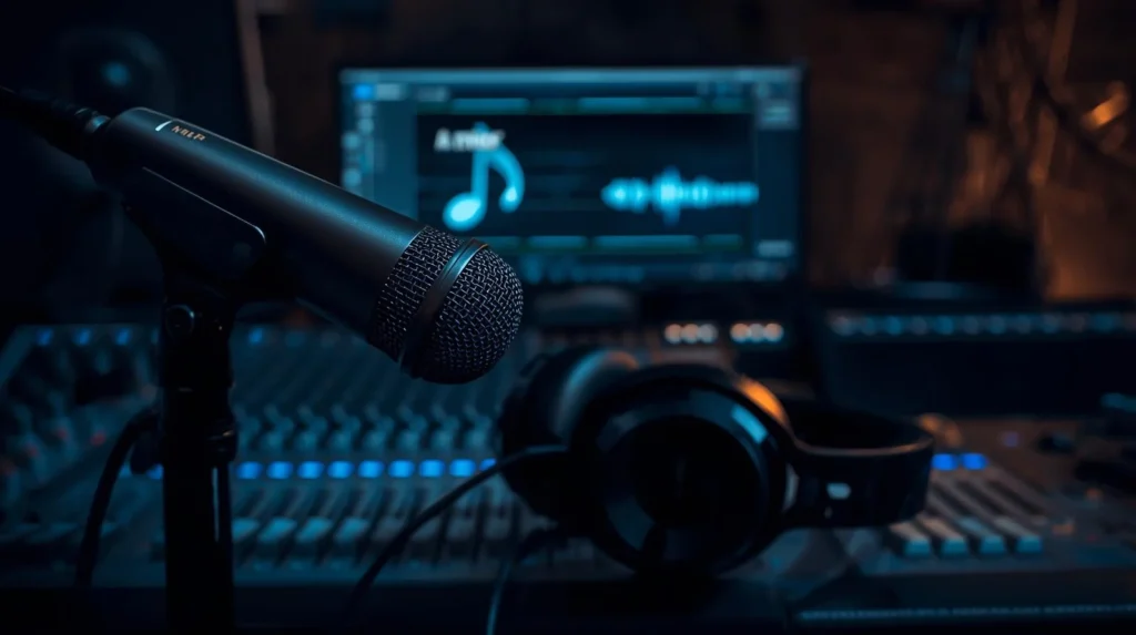 Music studio setup with microphone and headphones in front of a screen displaying A minor, illustrating what does a minor mean in Not Like Us.