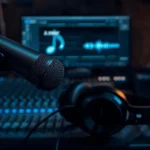 Music studio setup with microphone and headphones in front of a screen displaying A minor, illustrating what does a minor mean in Not Like Us.