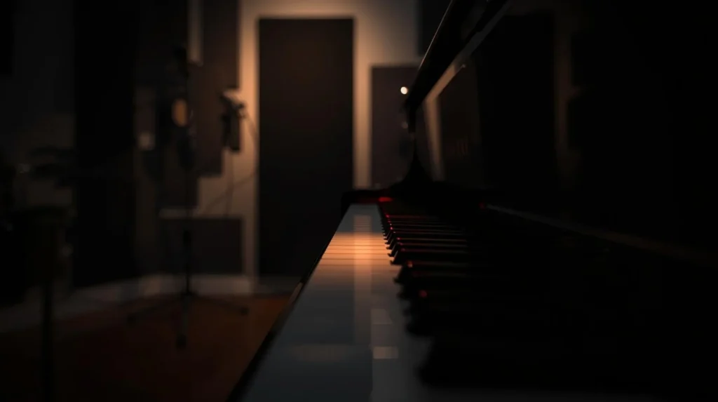 Dimly lit recording studio with a piano keyboard highlighted by a warm spotlight, symbolizing the musical key A minor and lyrical wordplay.