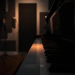 Dimly lit recording studio with a piano keyboard highlighted by a warm spotlight, symbolizing the musical key A minor and lyrical wordplay.