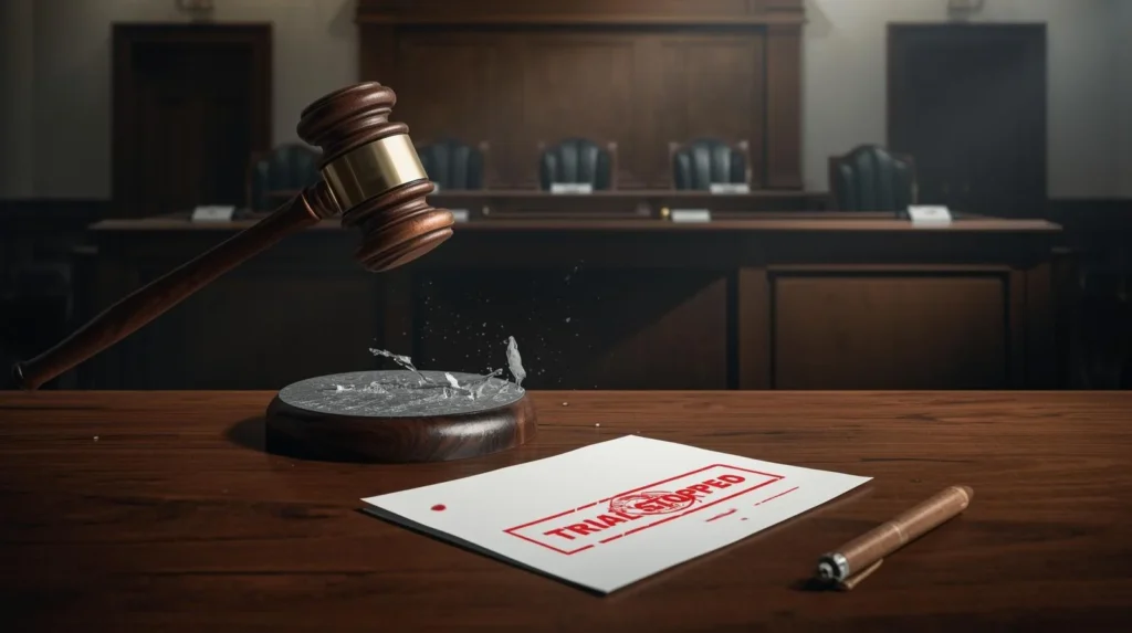 Judge’s gavel striking a sound block in a courtroom with a document stamped “Trial Stopped,” symbolizing a mistrial and halted legal proceedings.