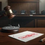 Judge’s gavel striking a sound block in a courtroom with a document stamped “Trial Stopped,” symbolizing a mistrial and halted legal proceedings.