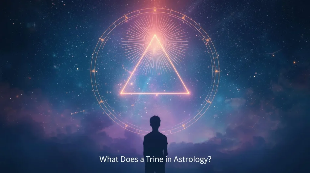 What does a trine mean in astrology illustrated with a glowing triangular aspect inside a zodiac circle in a cosmic night sky background.