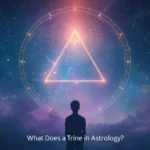 What does a trine mean in astrology illustrated with a glowing triangular aspect inside a zodiac circle in a cosmic night sky background.
