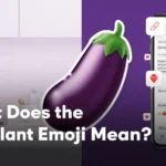 Eggplant emoji meaning illustrated with a large purple eggplant icon between a kitchen scene and a smartphone chat, showing both literal and slang usage in messages