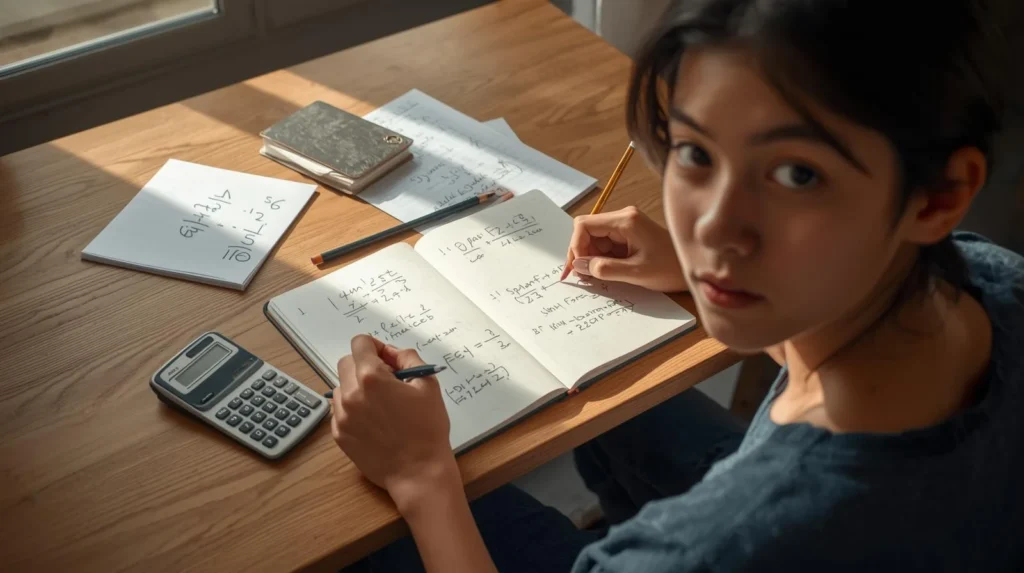 Student solving math problems in a notebook with a calculator at a desk, illustrating what does arithmetic mean in everyday learning.