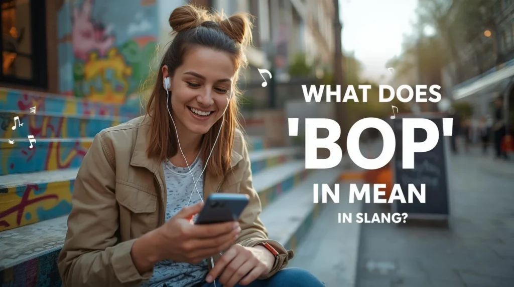 What does bop mean in slang – young woman smiling while listening to music on her phone outdoors, representing a catchy song or popular track