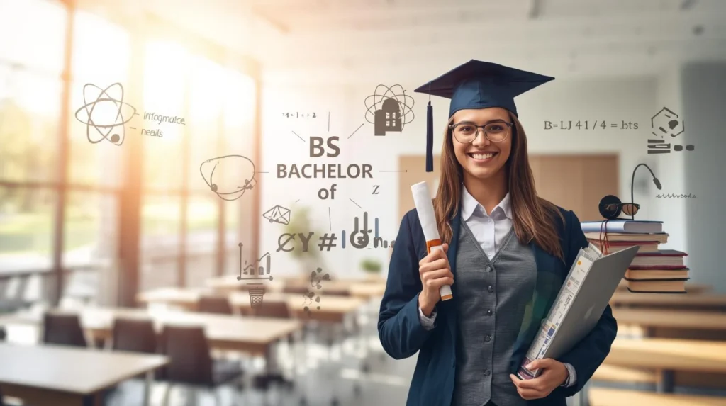 College graduate wearing a cap and holding a diploma, with “BS Bachelor of Science” text and academic symbols in a university classroom setting.