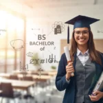 College graduate wearing a cap and holding a diploma, with “BS Bachelor of Science” text and academic symbols in a university classroom setting.