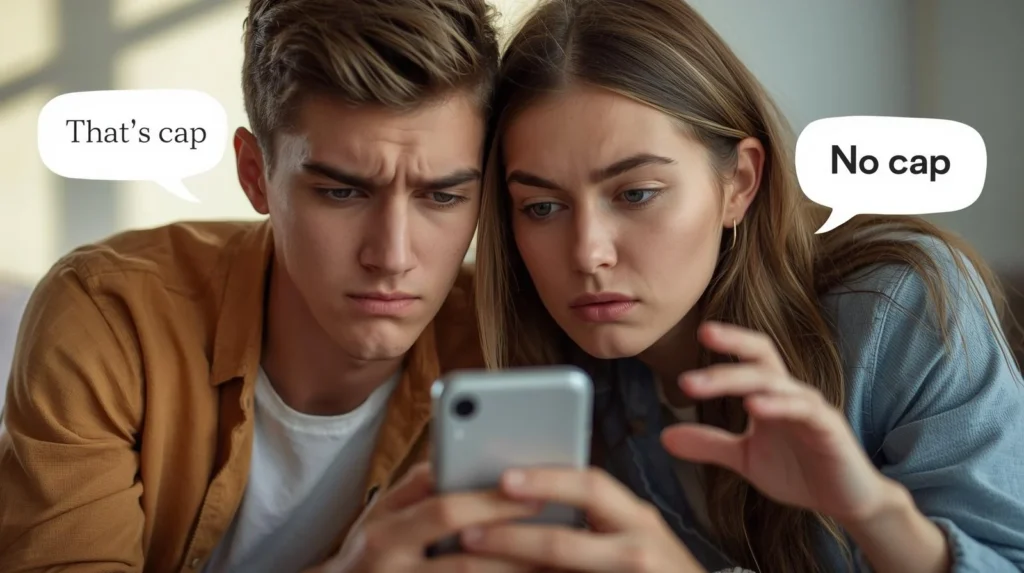 Two young adults looking seriously at a smartphone, with speech bubbles saying “That’s cap” and “No cap,” illustrating modern slang for truth and lies.