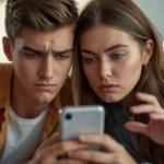 Two young adults looking seriously at a smartphone, with speech bubbles saying “That’s cap” and “No cap,” illustrating modern slang for truth and lies.