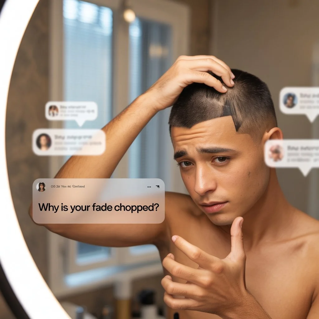 Young man looking concerned in the mirror after a bad haircut while a message says “Why is your fade chopped?”, illustrating what does chopped mean in slang and how it’s used to describe an uneven or unattractive look.
