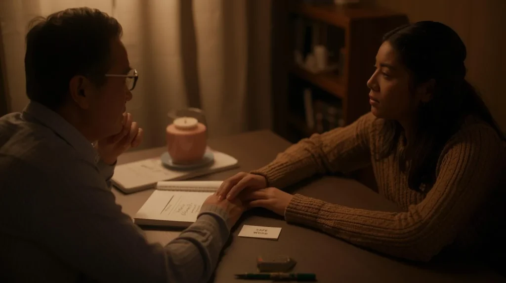 Two adults sitting at a table in warm lighting, holding hands while having a serious conversation, with a notebook and a visible “safe word” card symbolizing trust, consent, and clear boundaries.