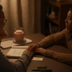 Two adults sitting at a table in warm lighting, holding hands while having a serious conversation, with a notebook and a visible “safe word” card symbolizing trust, consent, and clear boundaries.