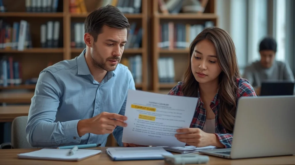 Professor and college student reviewing a contract grading document together in a library, discussing contract grade criteria and expectations.