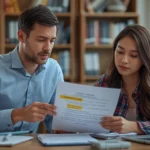Professor and college student reviewing a contract grading document together in a library, discussing contract grade criteria and expectations.
