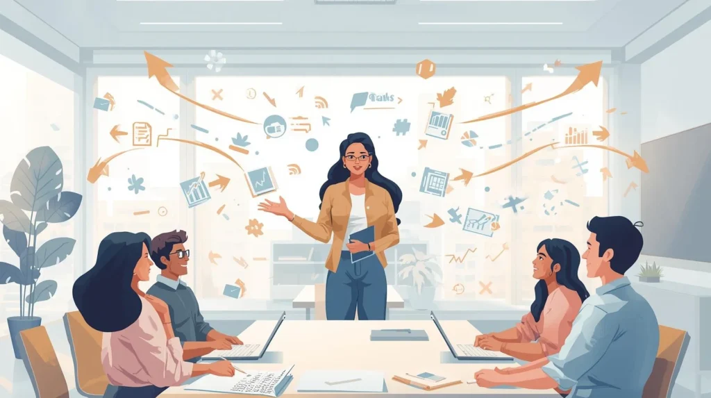 A team leader confidently delegating tasks to colleagues in a modern office, with arrows and task icons illustrating responsibility sharing and teamwork.