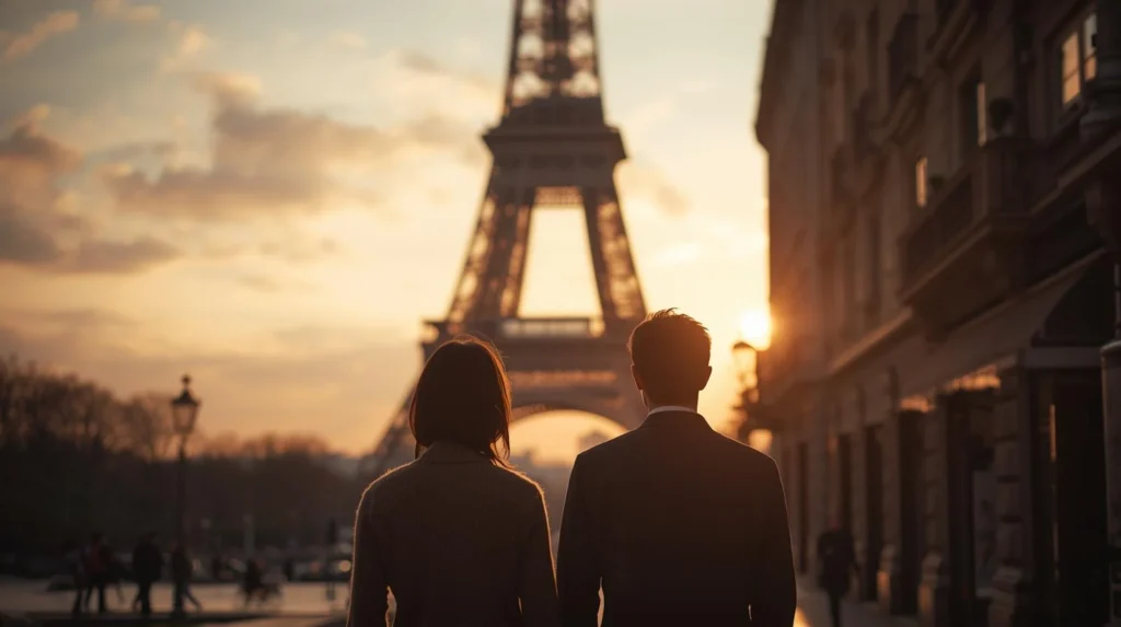 A couple standing together at sunset, facing the Eiffel Tower in Paris, symbolizing romance, history, and cultural significance.