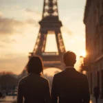 A couple standing together at sunset, facing the Eiffel Tower in Paris, symbolizing romance, history, and cultural significance.