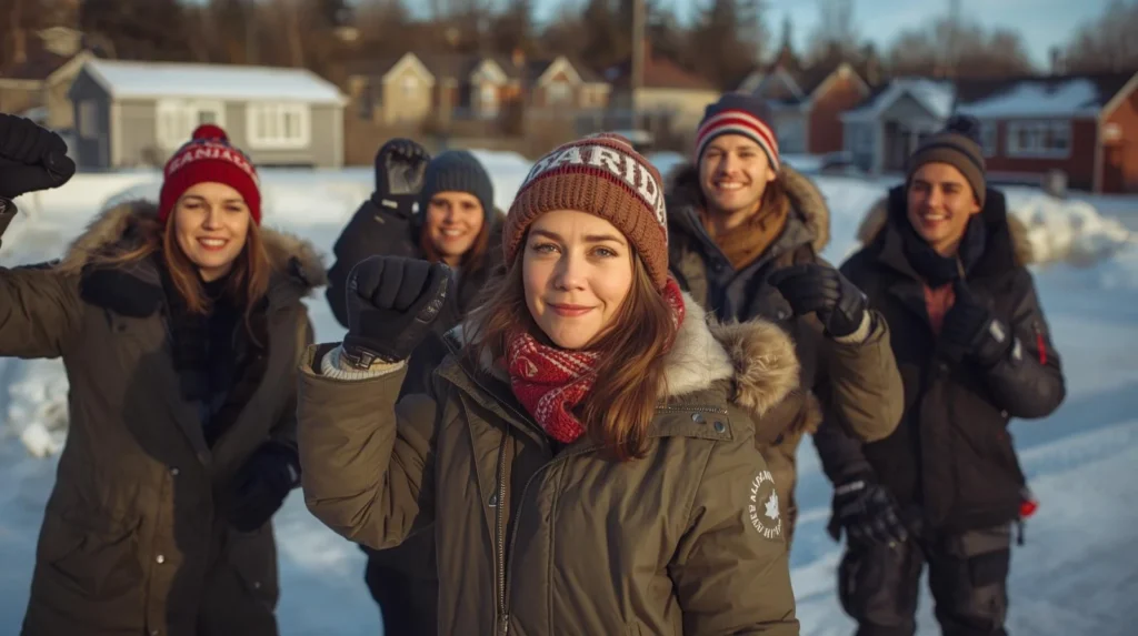 Group of young Canadian adults in winter jackets and knit hats standing outdoors in the snow, smiling and raising their elbows in a playful hockey-style stance in a suburban neighborhood.