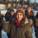 Group of young Canadian adults in winter jackets and knit hats standing outdoors in the snow, smiling and raising their elbows in a playful hockey-style stance in a suburban neighborhood.
