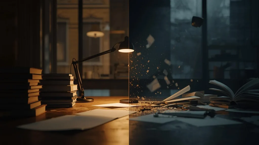 Split-image of a desk showing entropy concept — one side neat with stacked books and warm lamp light, the other side messy with scattered papers and flying debris in cooler lighting.