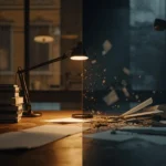Split-image of a desk showing entropy concept — one side neat with stacked books and warm lamp light, the other side messy with scattered papers and flying debris in cooler lighting.