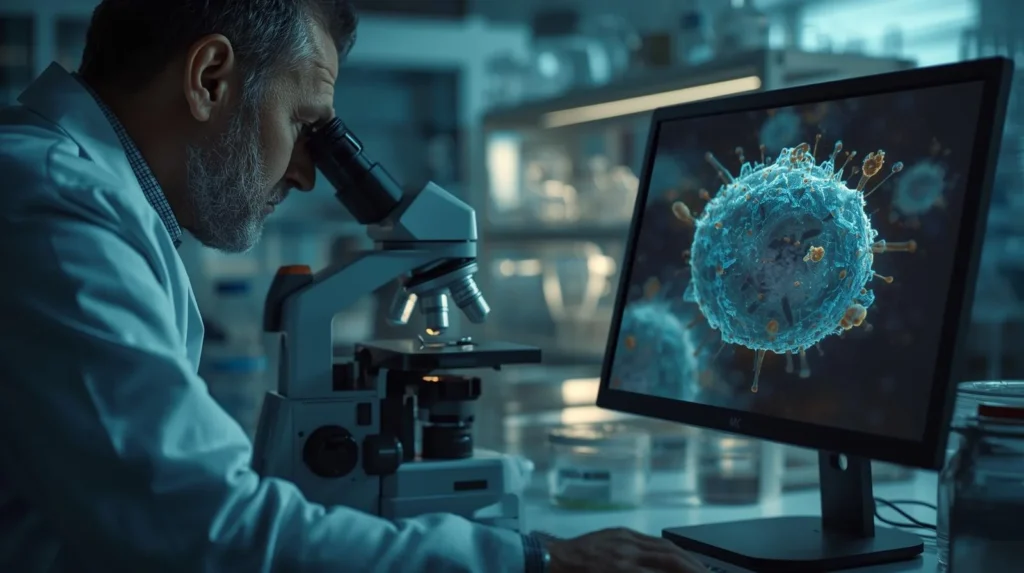 Scientist examining eukaryotic cells through a microscope in a modern laboratory, with a detailed cell image showing a visible nucleus displayed on a computer screen.