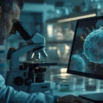 Scientist examining eukaryotic cells through a microscope in a modern laboratory, with a detailed cell image showing a visible nucleus displayed on a computer screen.