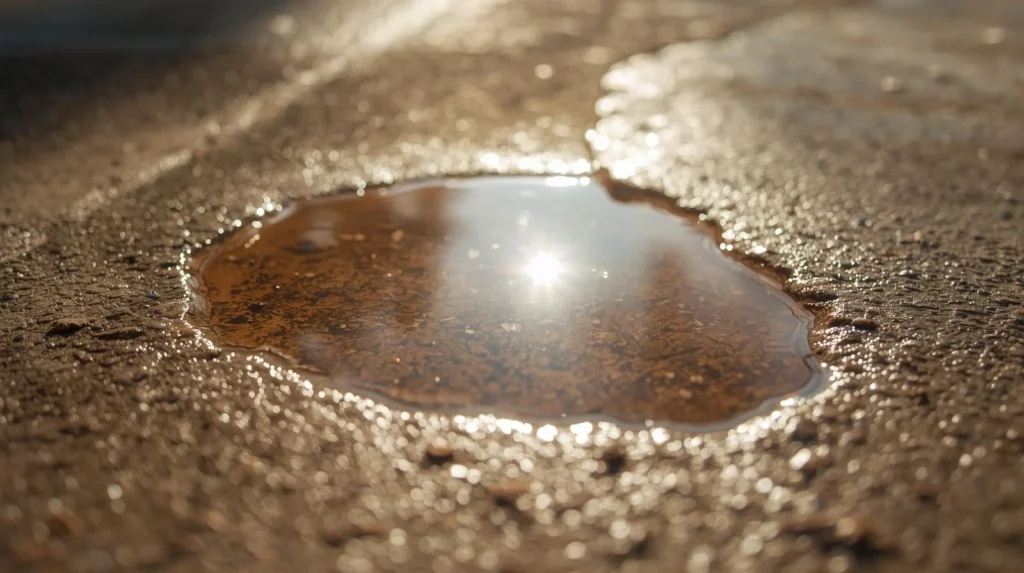 Sunlit puddle on a rough concrete surface slowly drying, visually showing evaporation as water disappears under warm sunlight.