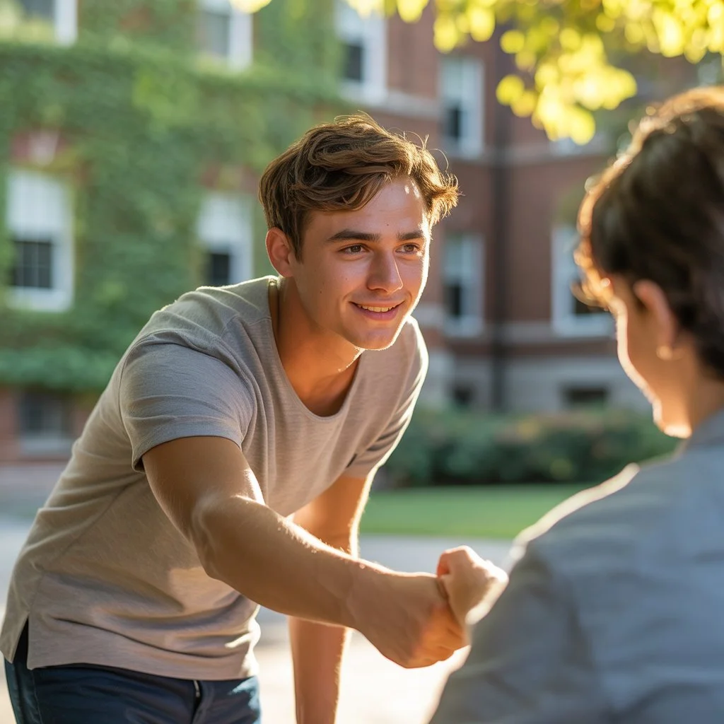 Young man offering a helping hand to another person on a college campus, symbolizing the meaning of the name Ezra as helper and support.