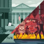 Split political illustration showing a government building and U.S. flag on one side, and on the other side protests, warning signs, flames, and unrest, with “FAFO” engraved on a stone podium symbolizing political consequences and public backlash.
