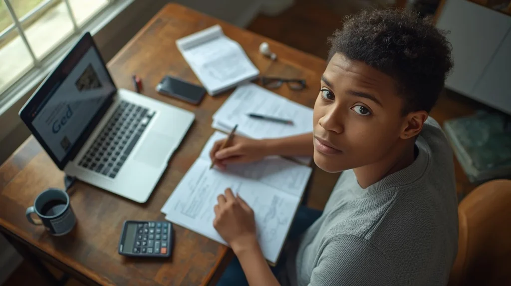 Young adult studying at a wooden desk with notebook, calculator, and laptop, illustrating what does GED mean and preparing for the exam.