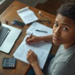 Young adult studying at a wooden desk with notebook, calculator, and laptop, illustrating what does GED mean and preparing for the exam.