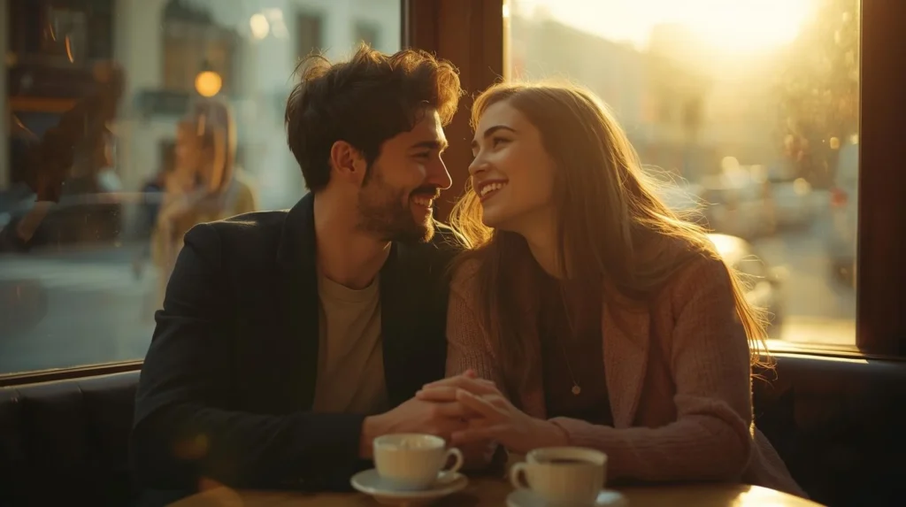 Couple sharing warm eye contact and holding hands at a cozy café during sunset, illustrating what does GFE mean through emotional connection and girlfriend experience vibes.