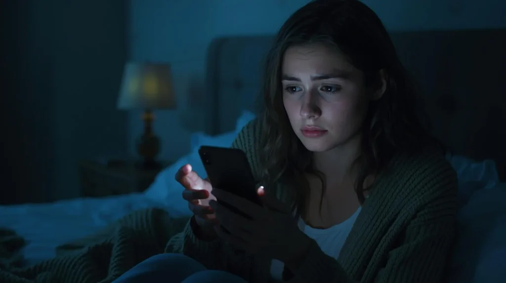 Alt text: Young woman sitting alone on a bed at night, looking at her smartphone with a sad and worried expression, illuminated by the phone’s soft blue light in a dim bedroom.