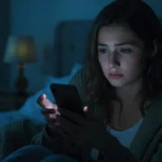Alt text: Young woman sitting alone on a bed at night, looking at her smartphone with a sad and worried expression, illuminated by the phone’s soft blue light in a dim bedroom.