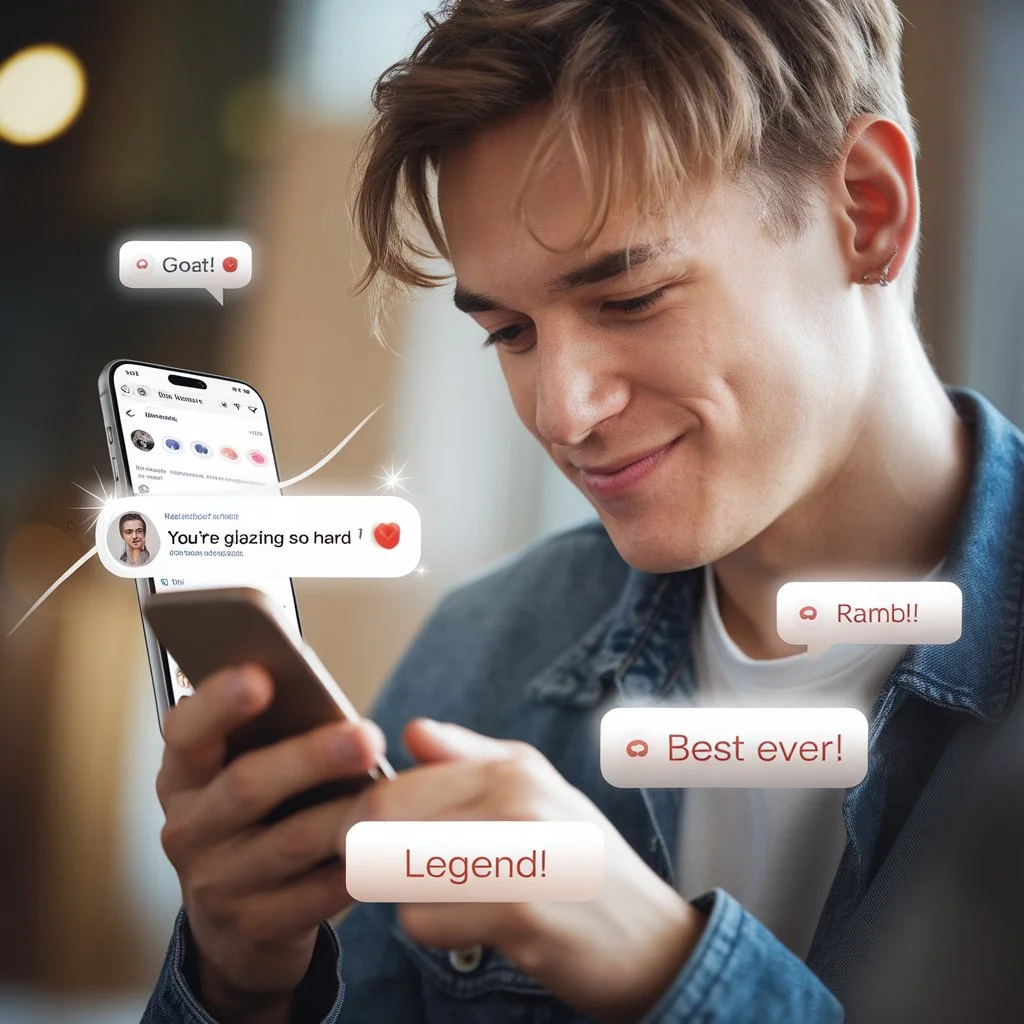Young man smiling at his smartphone with social media comments like “You’re glazing so hard,” “GOAT,” and “Best ever,” illustrating what does glazing mean slang in online praise culture.