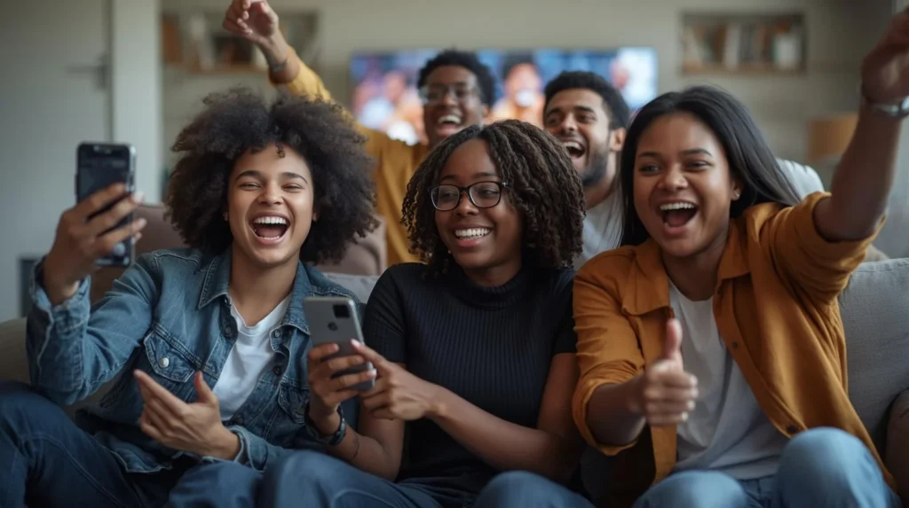 Friends celebrating together while reacting on their phones, visually representing what does GOAT mean in slang as praise for being the greatest of all time.