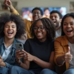 Friends celebrating together while reacting on their phones, visually representing what does GOAT mean in slang as praise for being the greatest of all time.